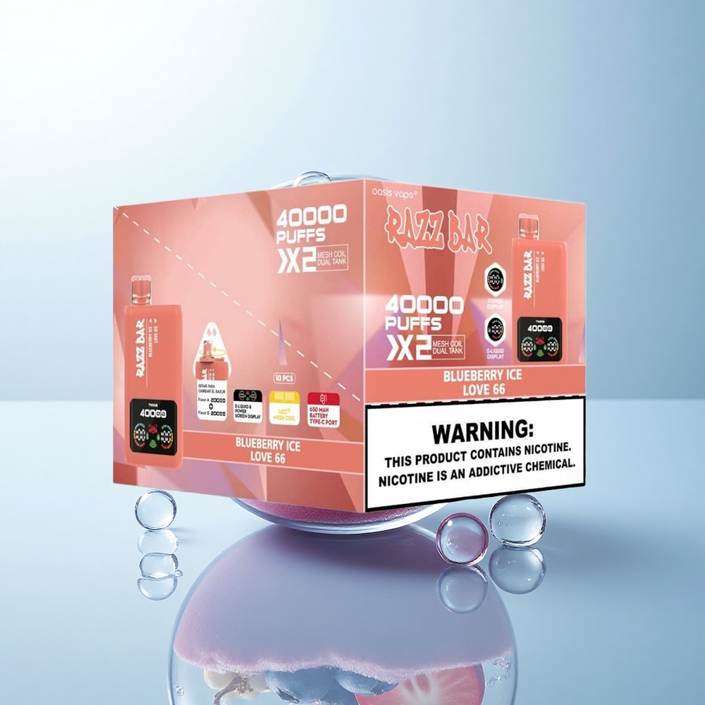 Razz Bar 40000 Puffs Borówkowy Lód - Miłość 66 z Nikotyną 2% i Ekranem Mocy