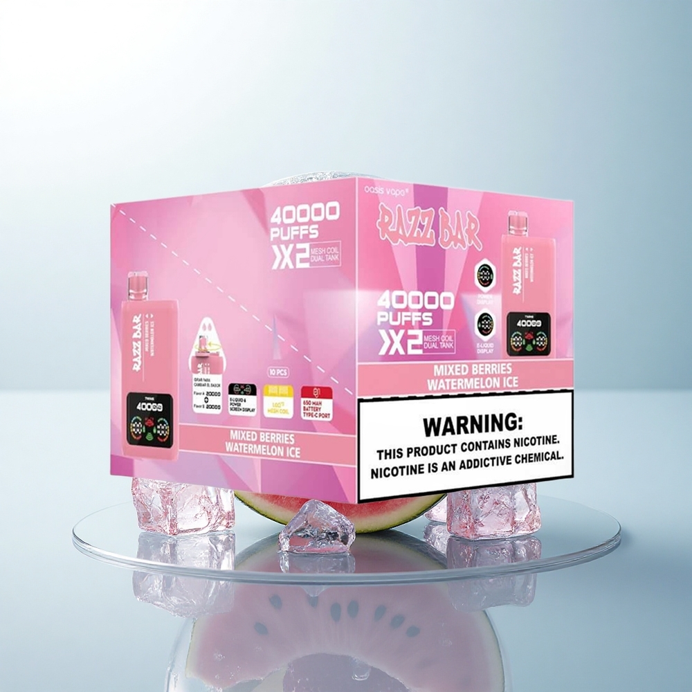 Razz Bar 40000 Puffs Mieszane Jagody - Arbuzowy Lód z Nikotyną 5% i Ekranem Mocy