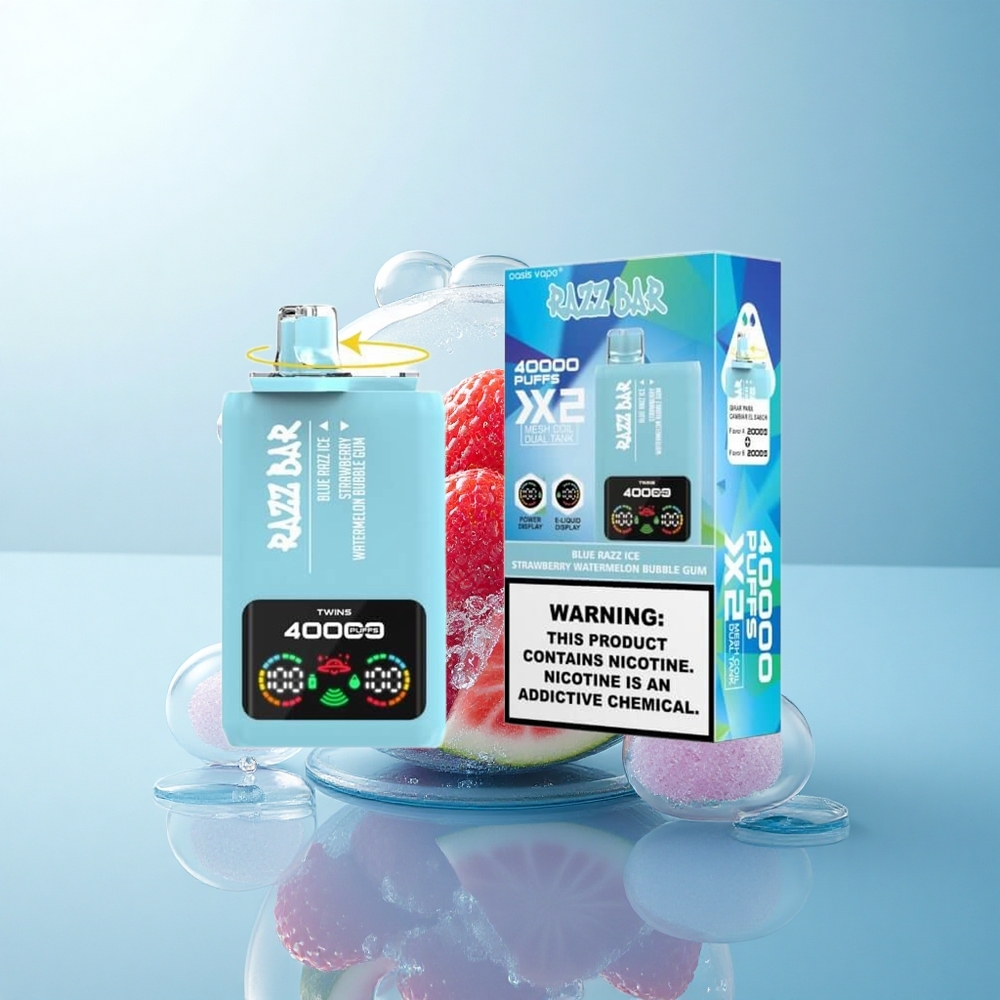 Razz Bar 40000 Puffs Niebieska Malina-Lód-Truskawka-Arbuzowa Guma Balonowa z Ekranem Mocy i Zawartością Nikotyny 5%