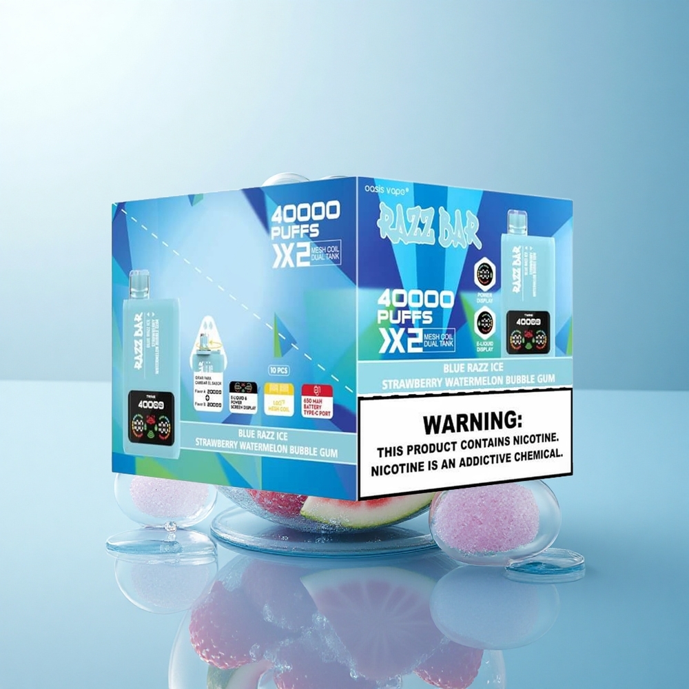 Razz Bar 40000 Puffs Niebieska Malina-Lód-Truskawka-Arbuzowa Guma Balonowa z Ekranem Mocy i Zawartością Nikotyny 5%