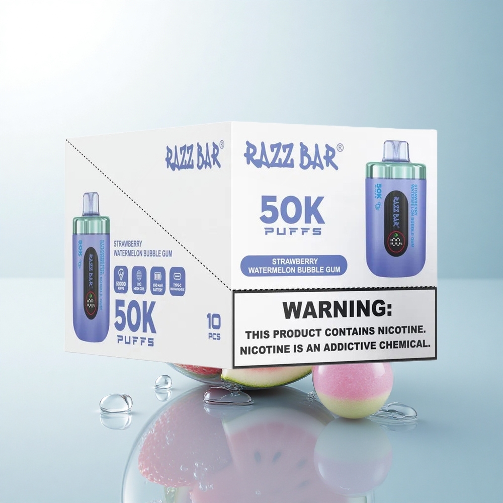 Razz Bar 50K Puffs Truskawkowy Arbuzowy Bubble Gum z Nikotyną 2% i Baterią 650 mAh